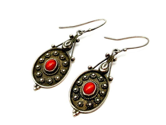 Vintage 925 Sterling Silver Red Coral Drop Earrings Rope Bezel Artisan