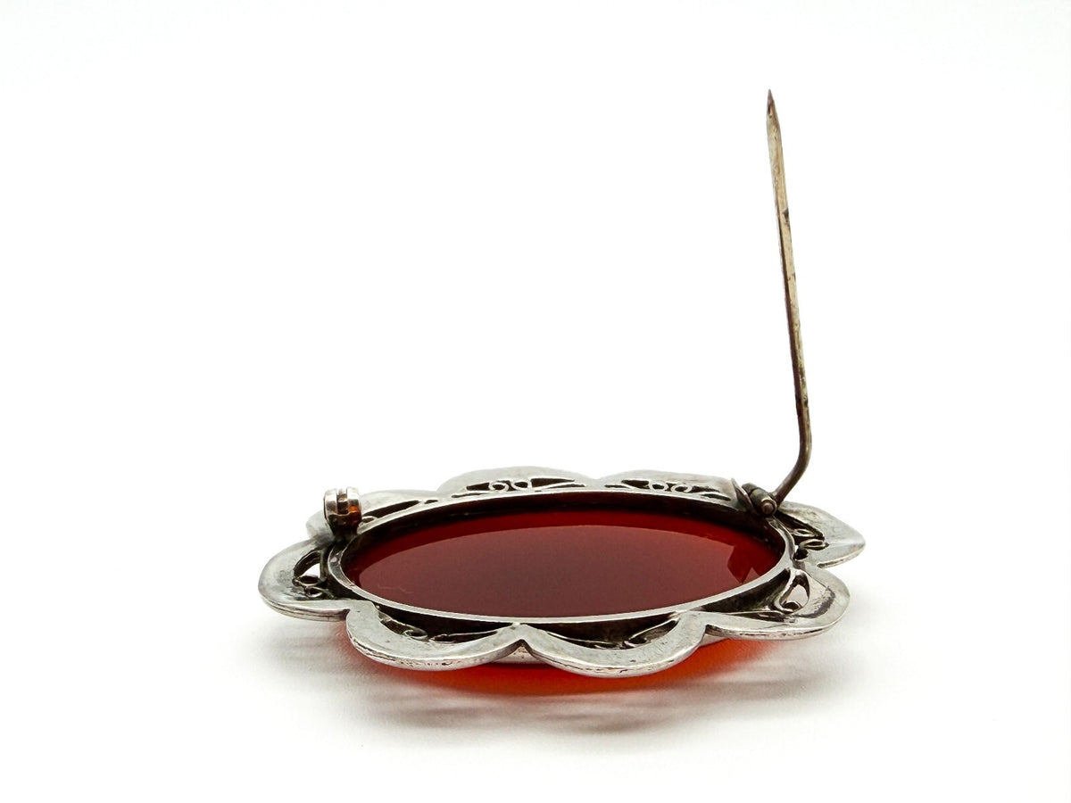 Vintage Carnelian Silver Plated Statement Brooch Oval Gemstone Scalloped Pin