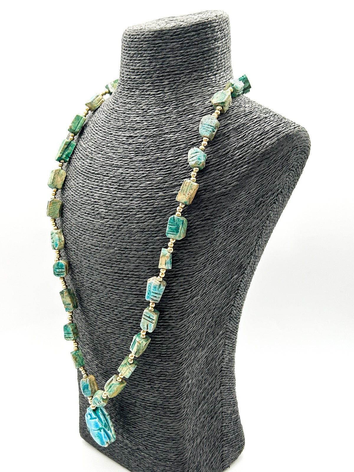 Vintage Egyptian Revival Scarab Necklace Blue Green Ceramic Beetle Pendant