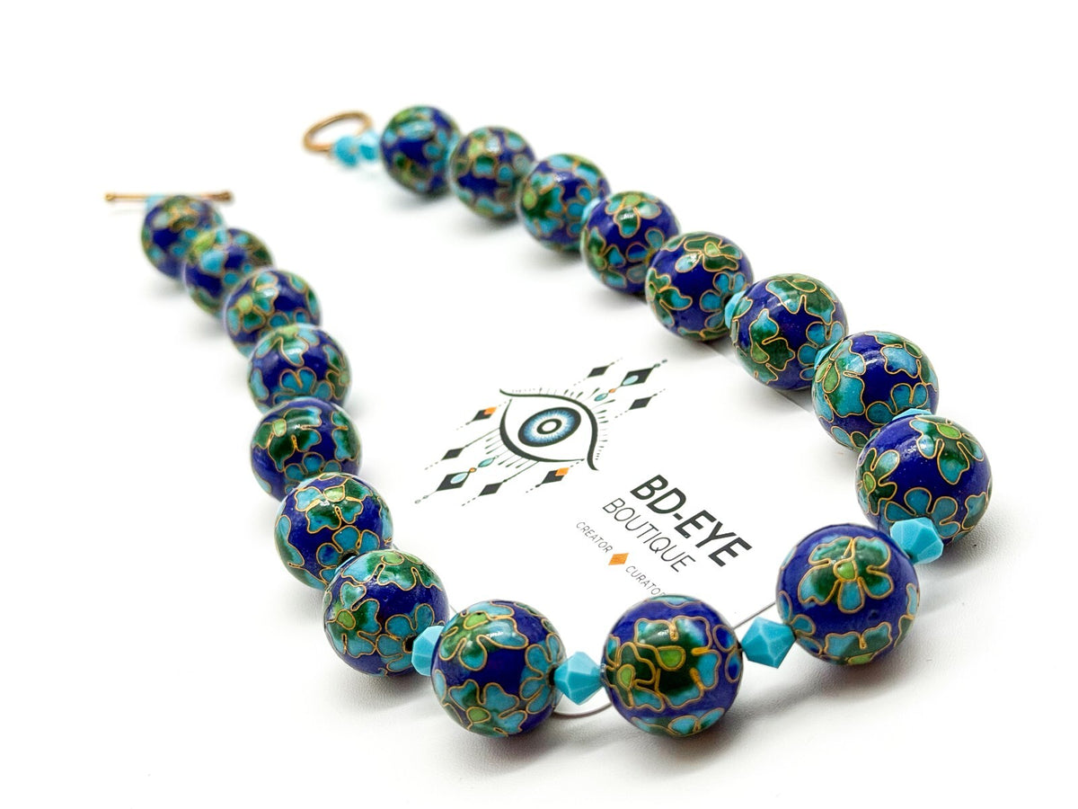Cloisonné Enamel Bead Necklace Blue Green Floral Artisan Toggle Statement