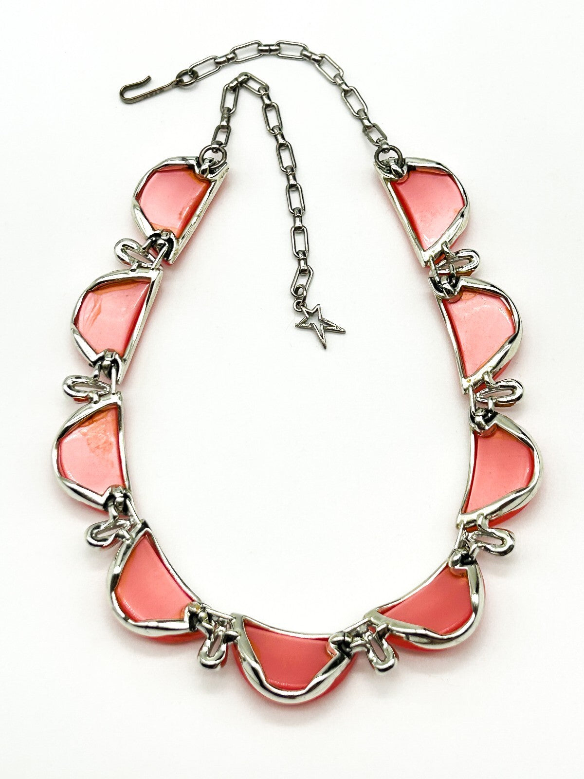 Vintage Star Signed Pink Thermoset Lucite Necklace 1950s Silver Tone Collar