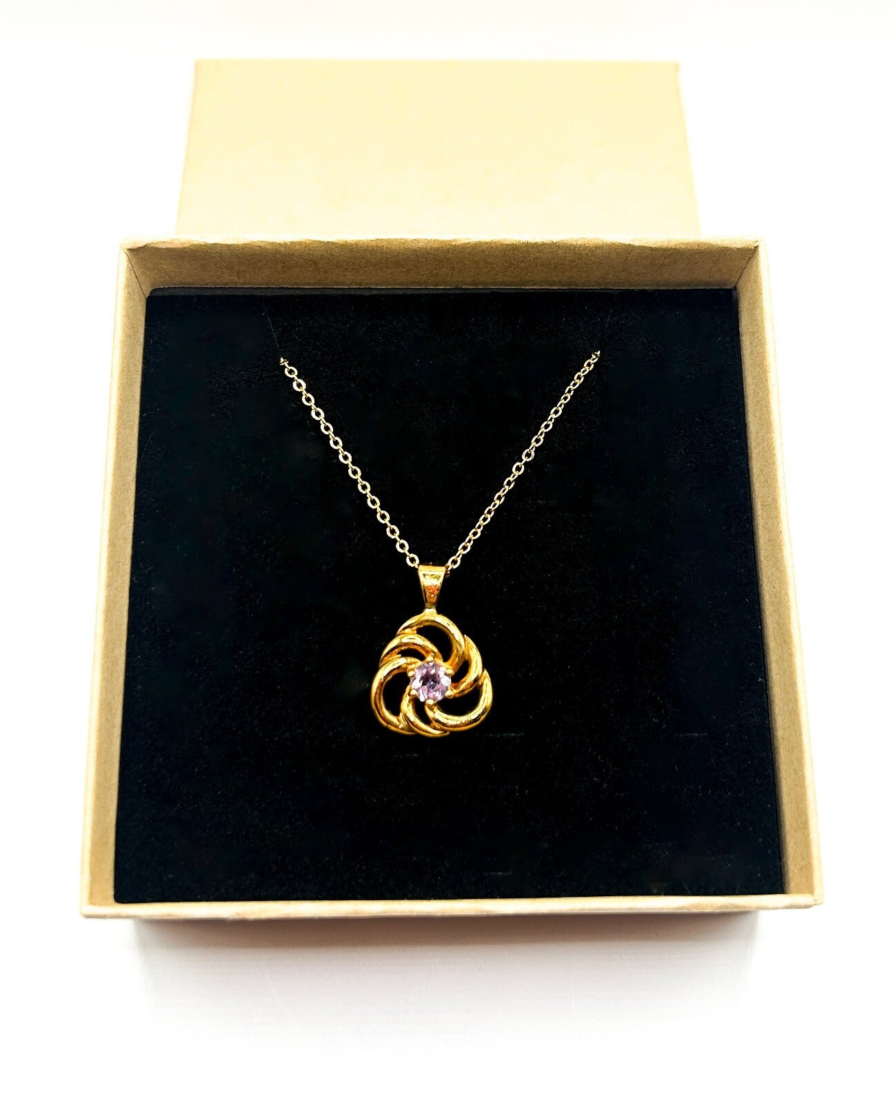 Amethyst Gemstone Swirl Pendant Necklace Gold Tone Fine Chain 17.5”