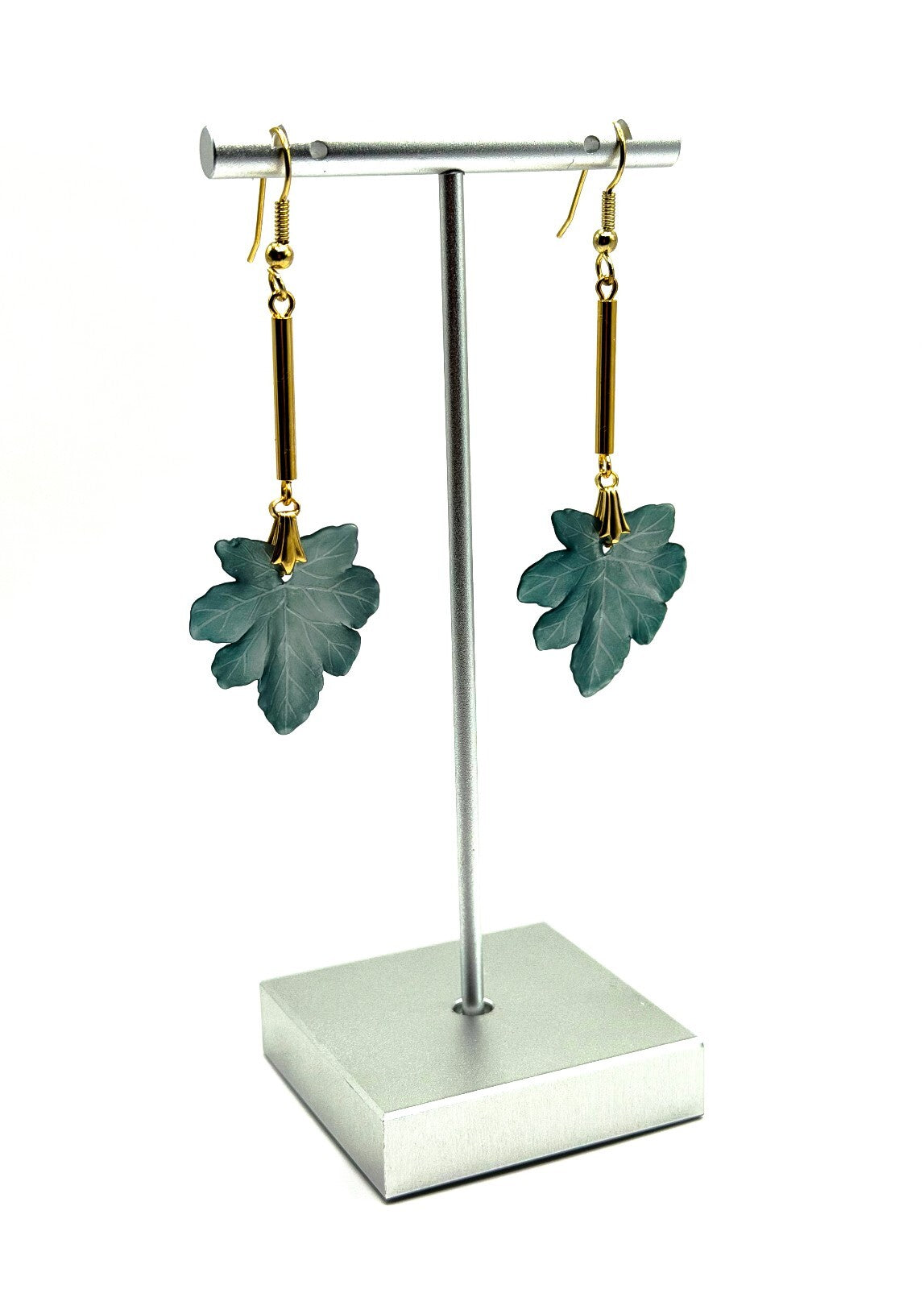 Teal Green Leaf Drop Earrings Gold Tone Vintage Deadstock Handmade Originals