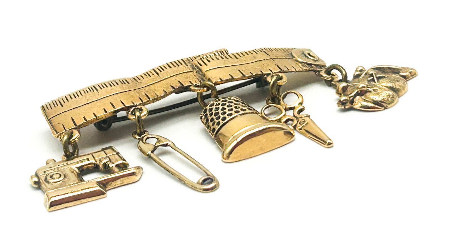 Vintage Gold Tone Sewing Tape Measure Charm Bar Brooch Sewing Machine Scissors