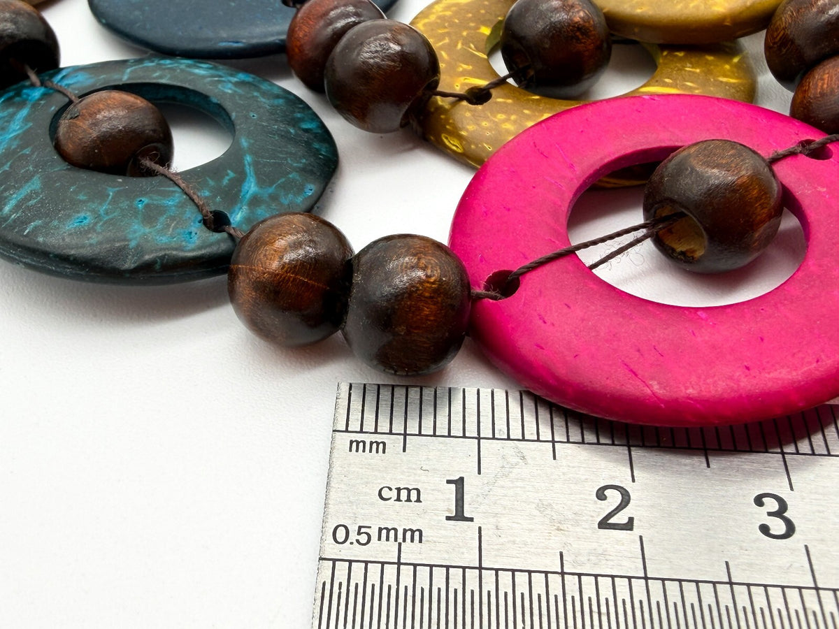 Colourful Dyed Coconut Shell & Wood Bead Necklace Boho 28” Long Festival