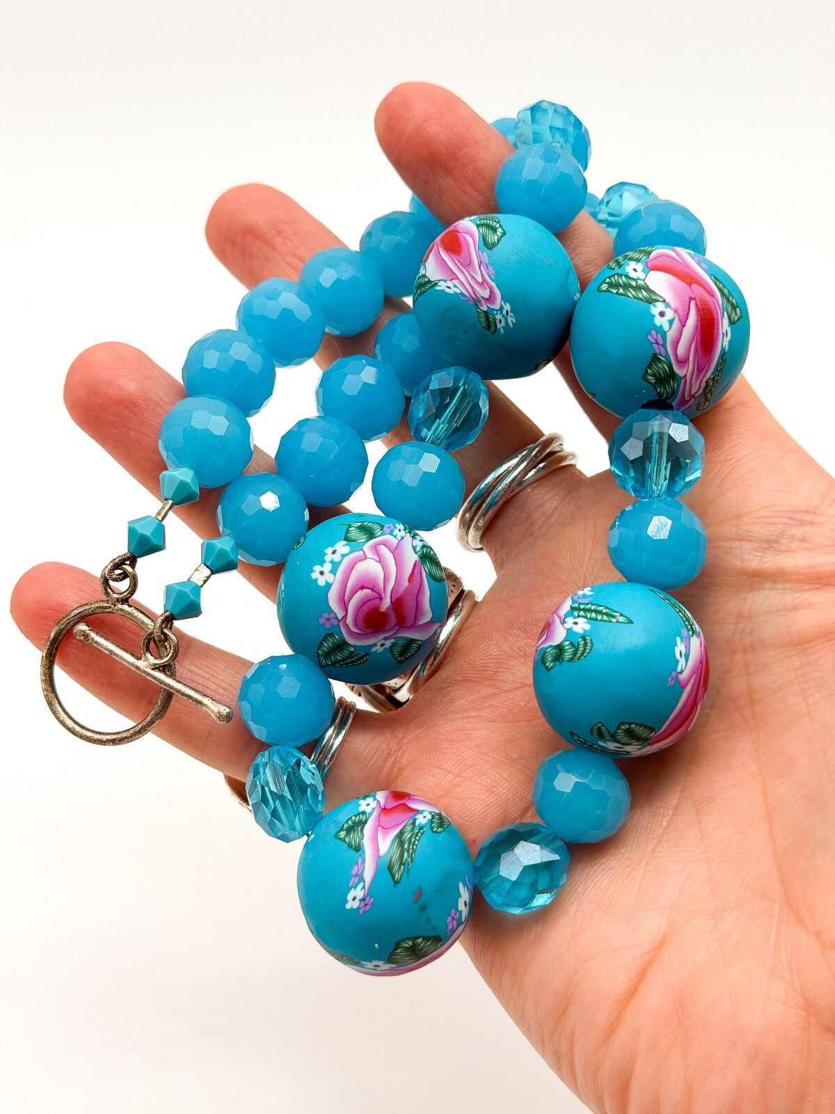Blue Floral Statement Necklace Polymer Clay Rose Beads Faceted Glass Artisan