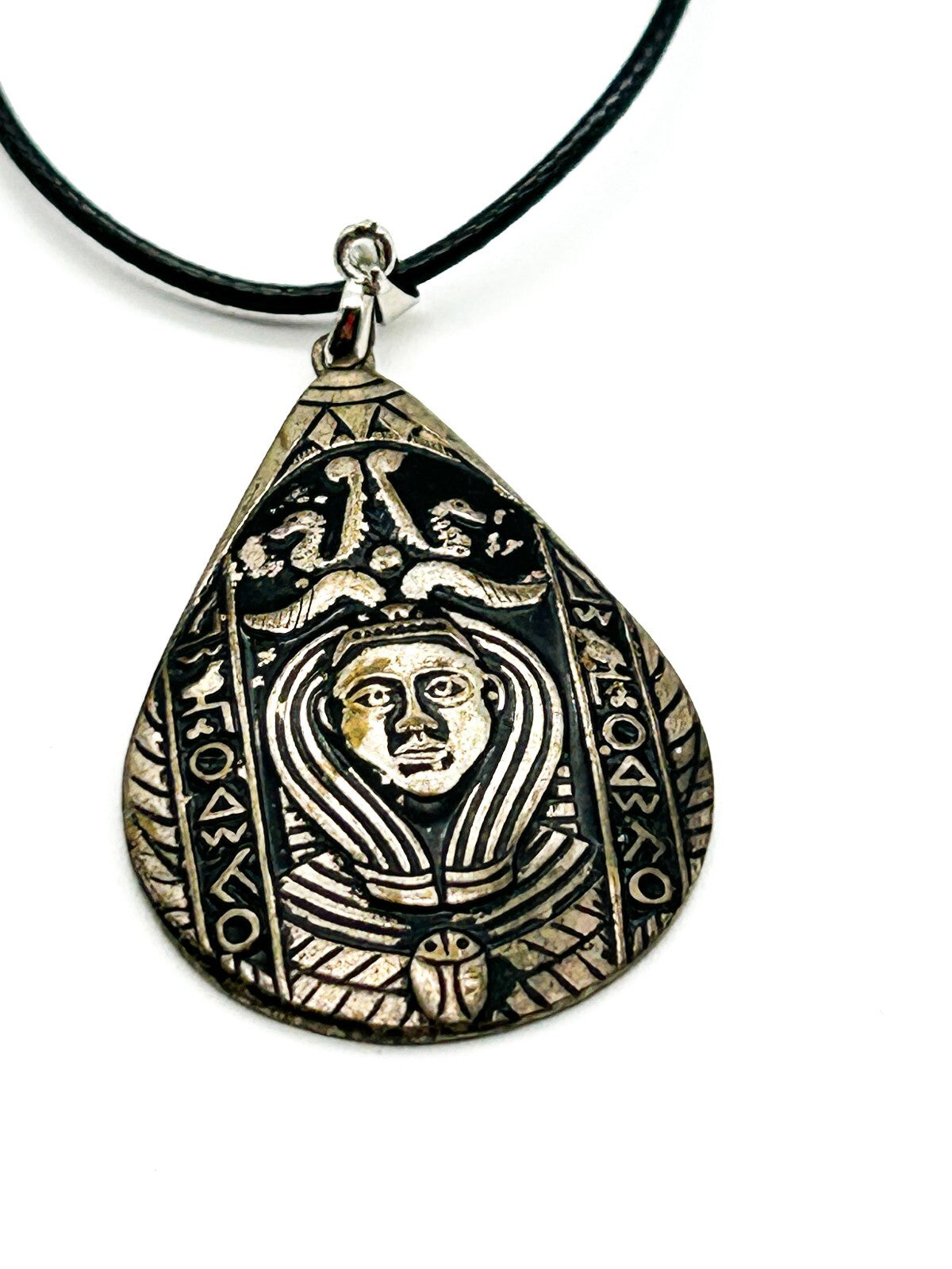 Vintage Egyptian Revival Silver Tone Pendant Necklace Pharoh Art Deco Rescue
