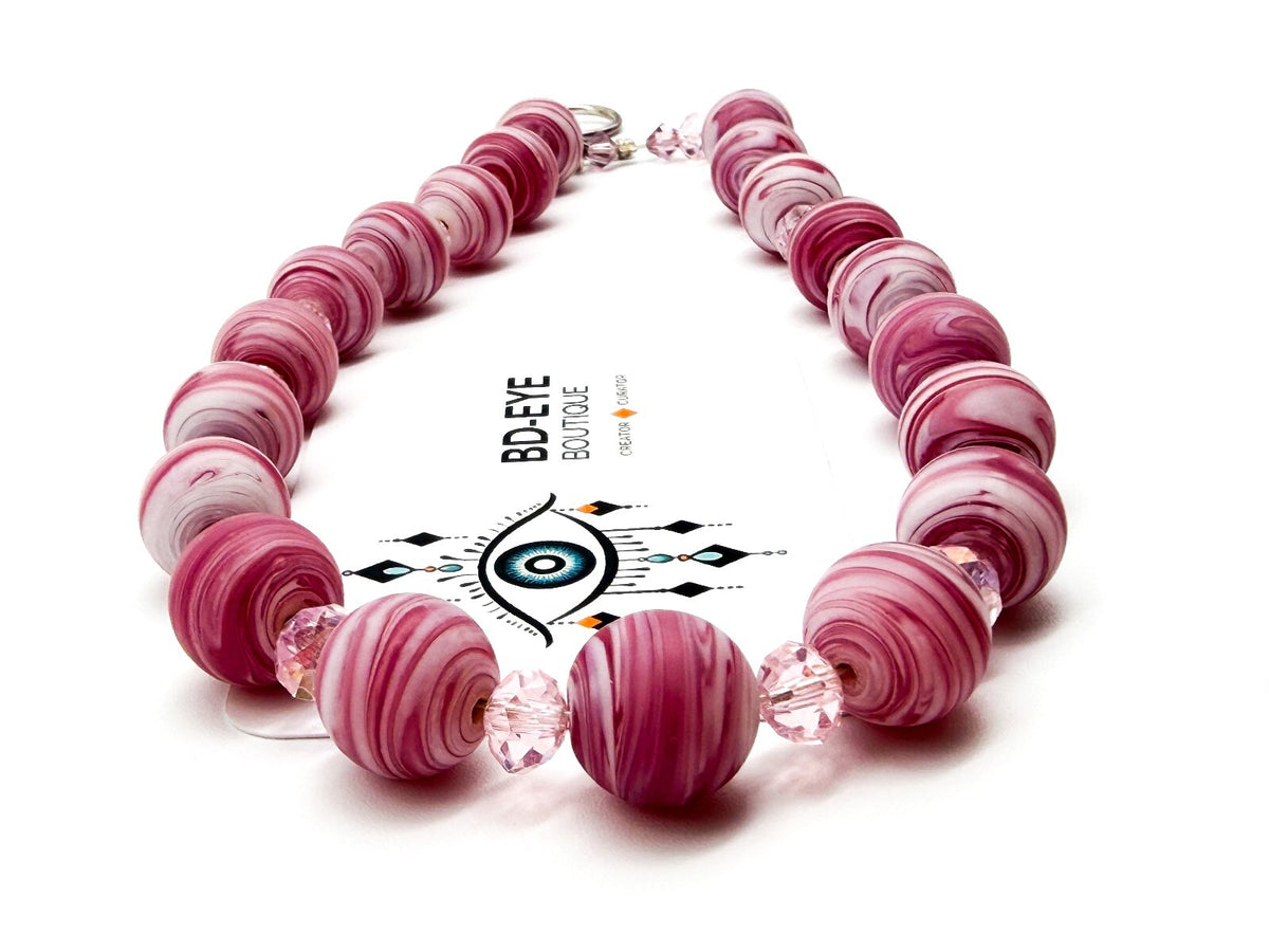 Pink Swirl Art Glass Bead Necklace Crystal Spacer Statement Toggle 18.5”