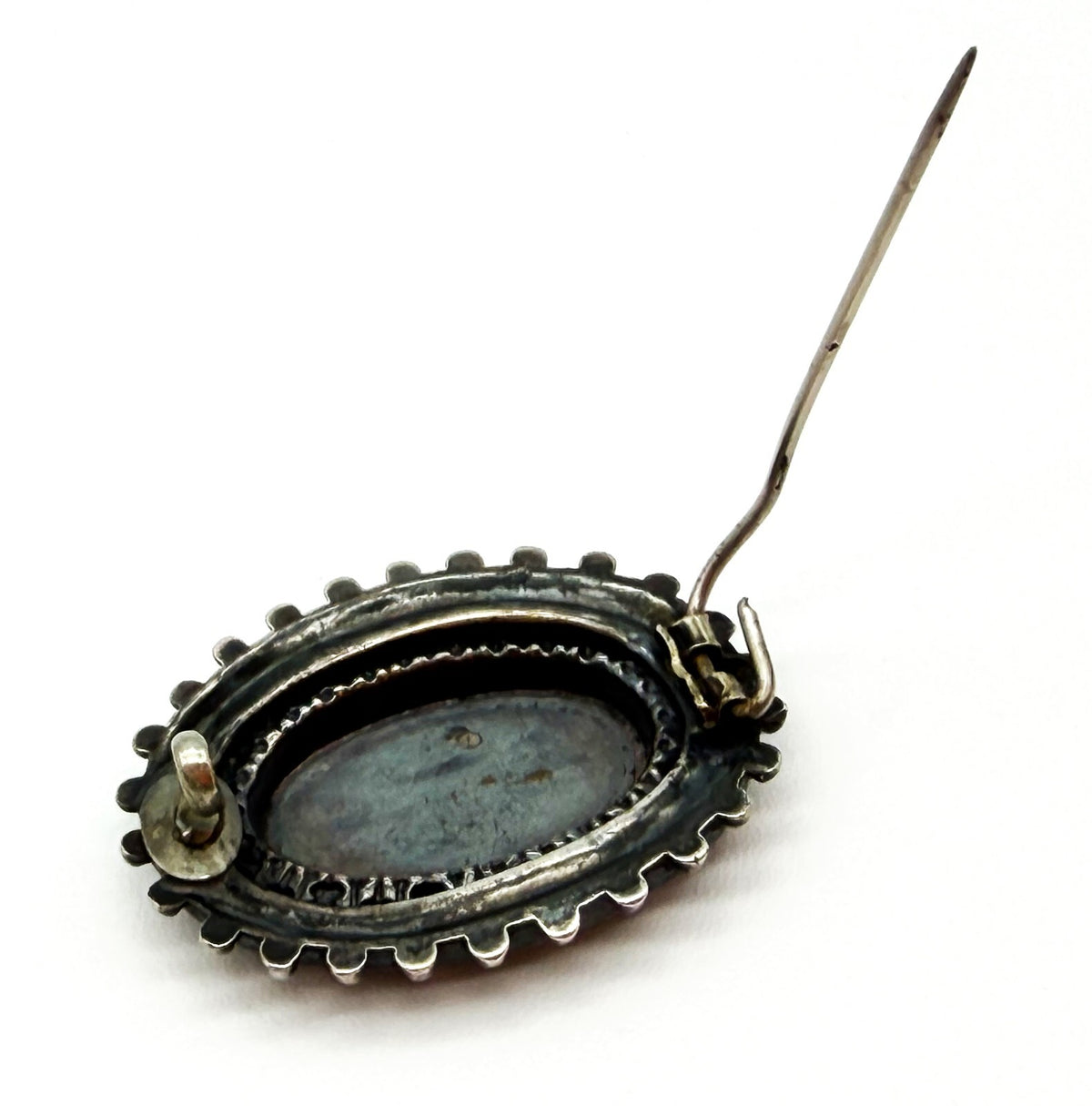 Antique Victorian Silver Tone Floral Engraved Oval Brooch Hinged Pin C Clasp