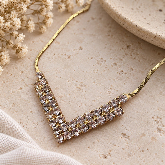 Vintage Gold Tone Clear Rhinestone V Chevron Necklace Double Row Dainty 15.5”