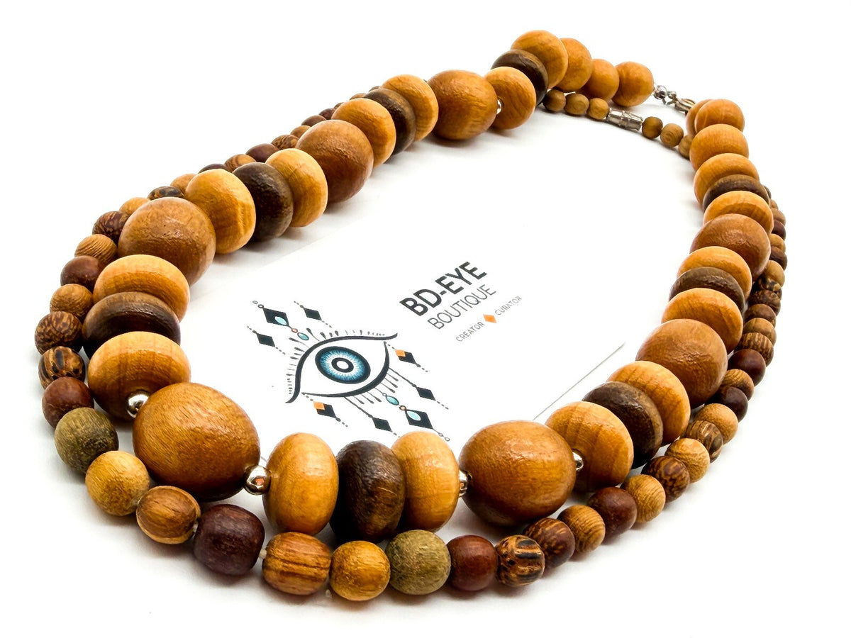 Boho Chunky Wooden Bead Necklace Bundle Layered Natural Wood Earthy Festival