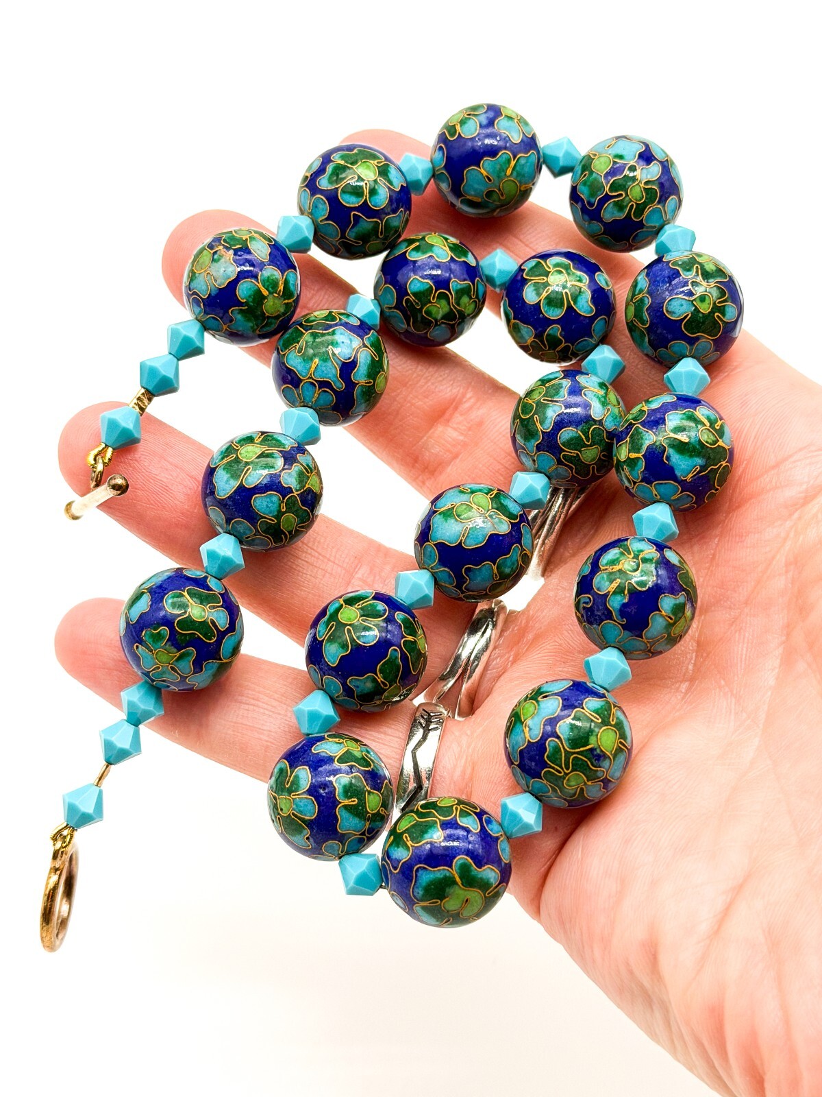 Cloisonné Enamel Bead Necklace Blue Green Floral Artisan Toggle Statement