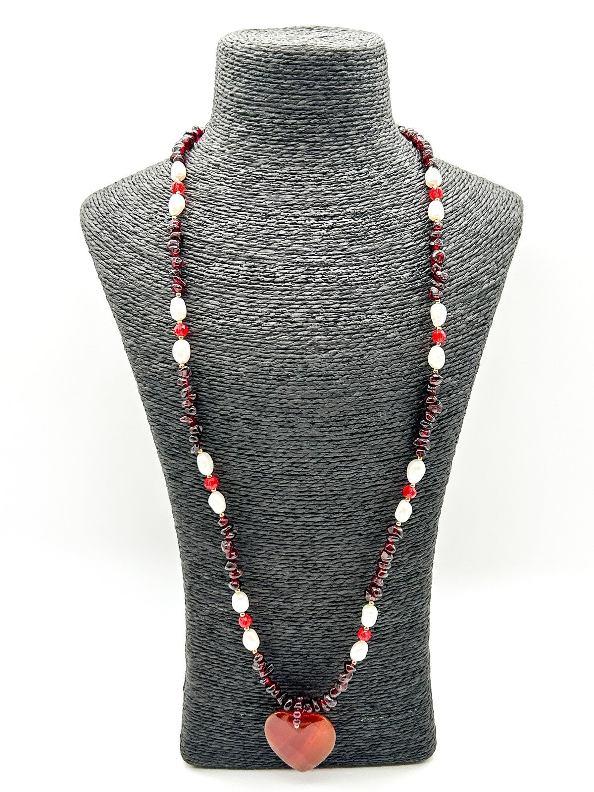 Long Garnet Necklace Freshwater Pearls Carnelian Heart Pendant Gemstone