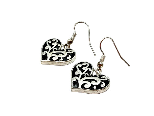 Silver Tone Love Heart Dangle Earrings Scroll Vine Detail on Black Drop Earrings