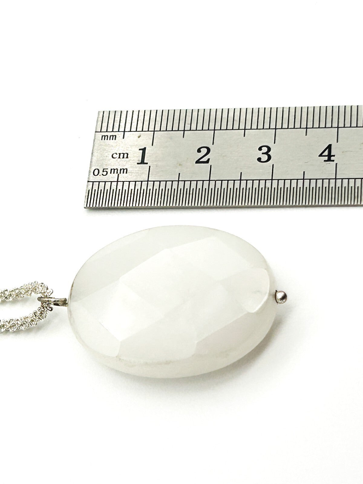 Natural White Jade Pendant Necklace Faceted Oval Gemstone 16.5” Silver Tone