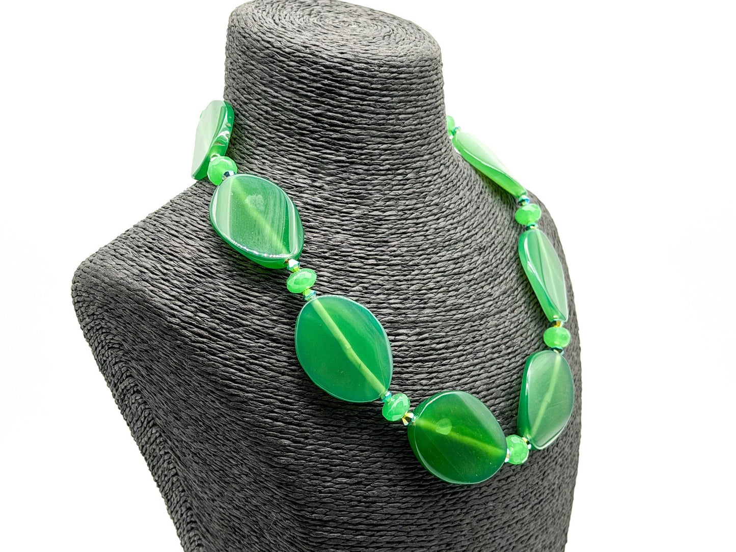 Chunky Green Agate Statement Necklace Faceted Glass Aurora Borealis Beads
