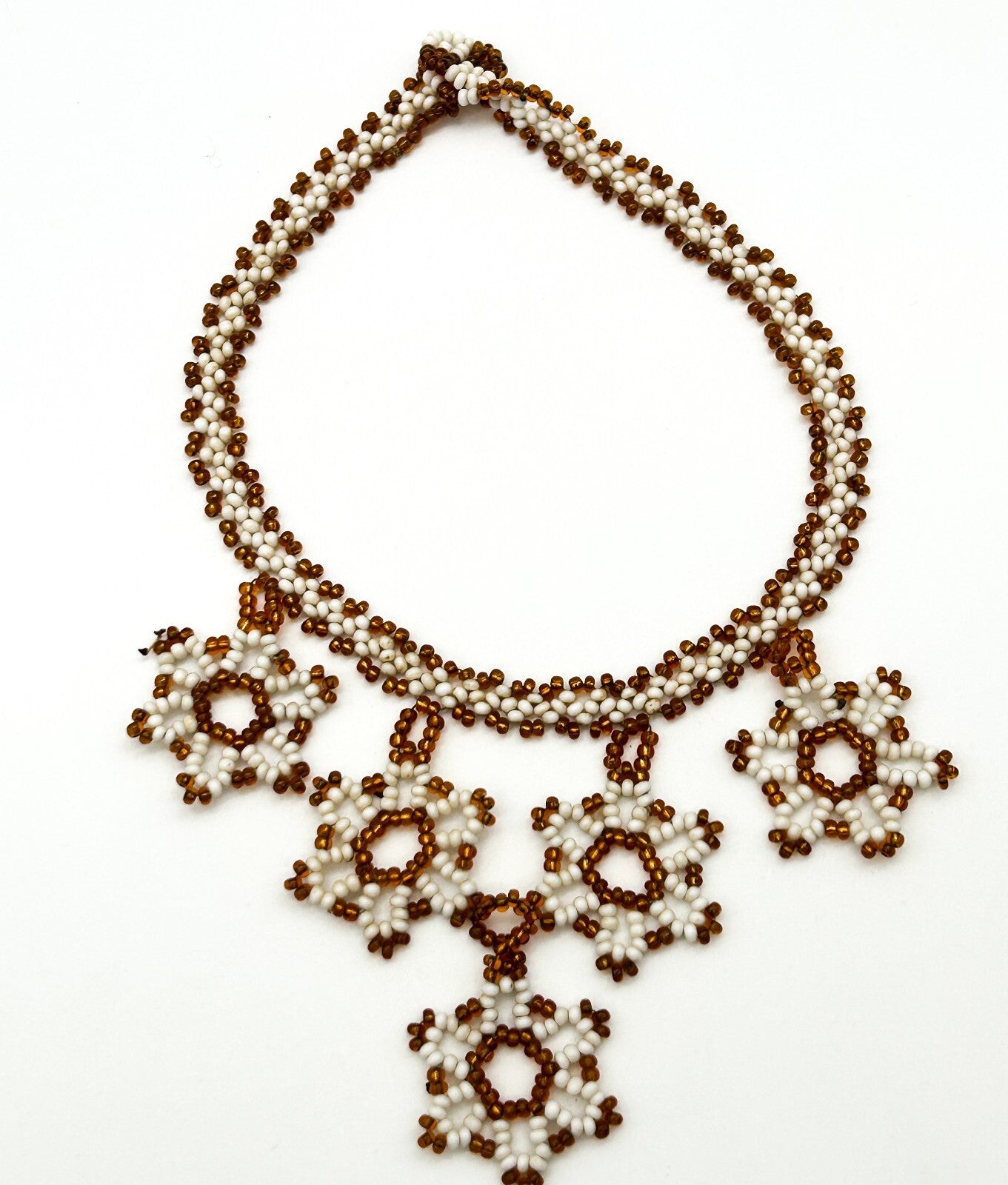Vintage Handmade Artisan Flower Glass Bead Floral Bib Necklace Orange White