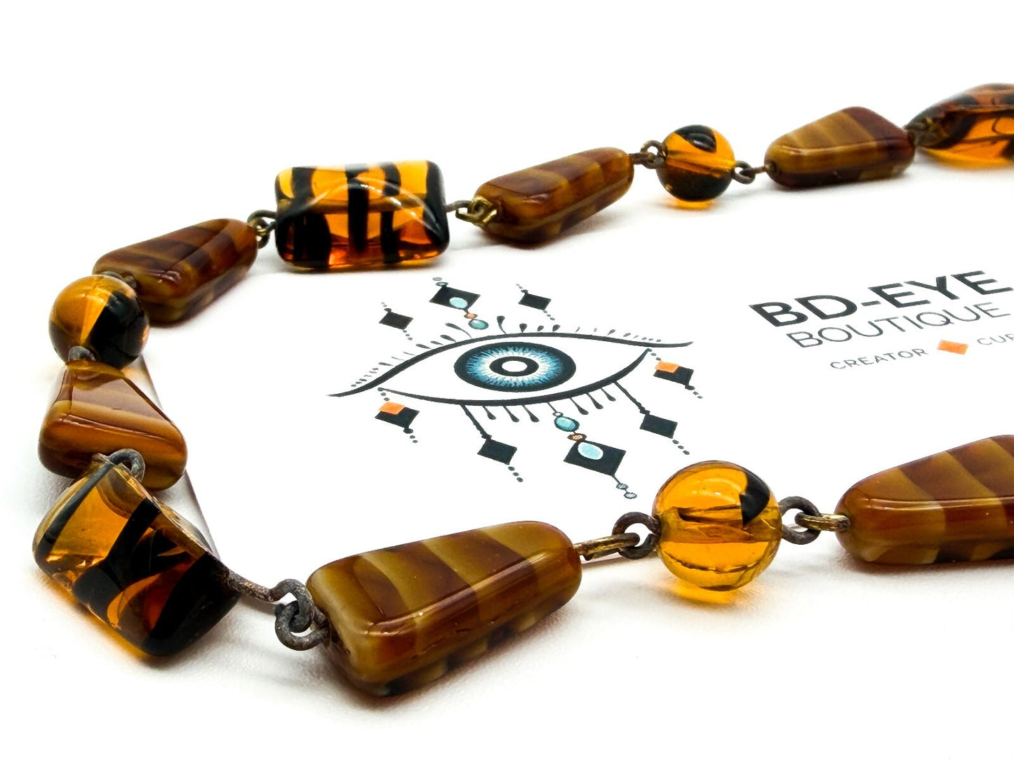 Vintage Amber Art Glass Necklace Givre Black Stripe Geometric Beads 24.5 Inch