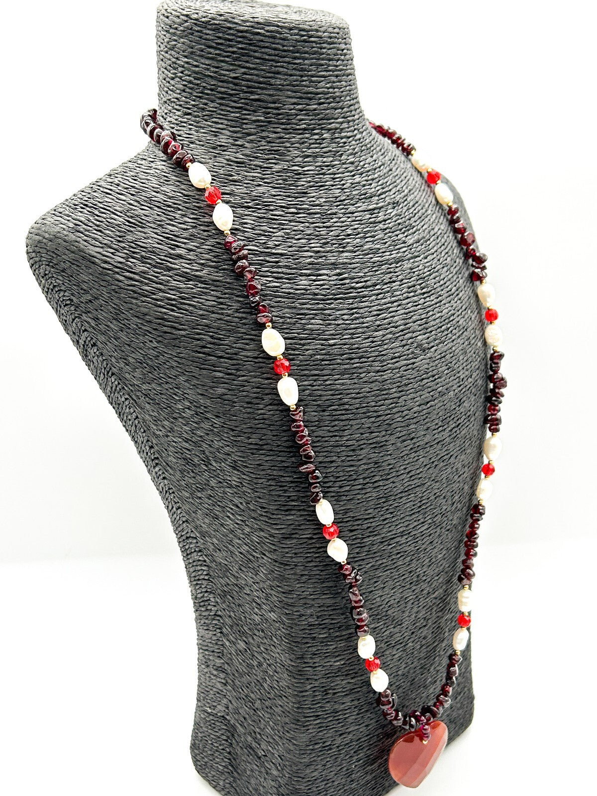 Long Garnet Necklace Freshwater Pearls Carnelian Heart Pendant Gemstone