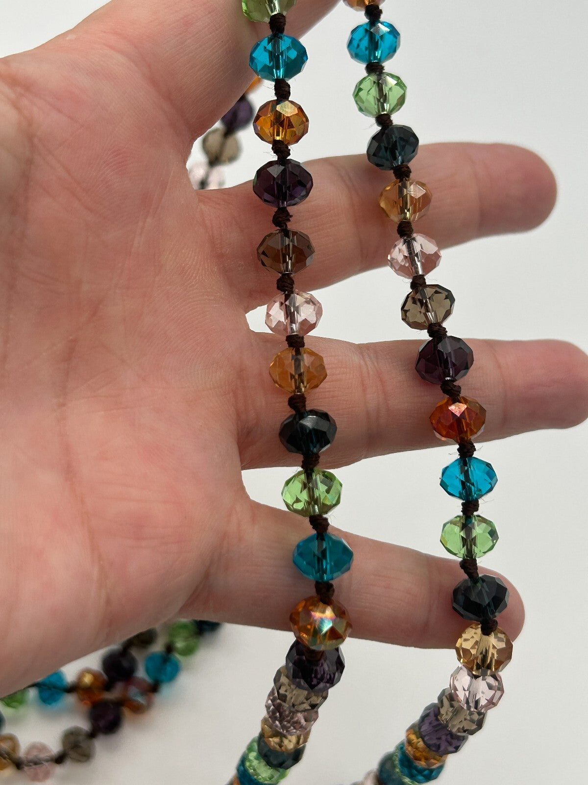 Vintage Multicolour Faceted Crystal Glass Necklace Hand Knotted Rainbow 23"