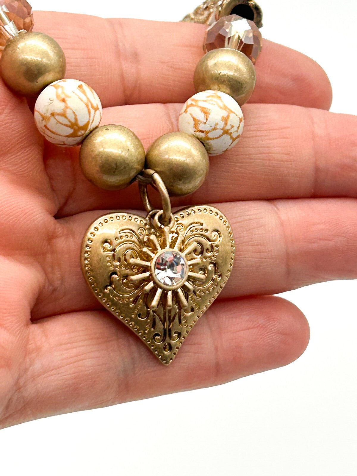 Signed Bibi Bijoux Ornate Heart Charm Bracelet Gold Tone Crystal Marble Stretch