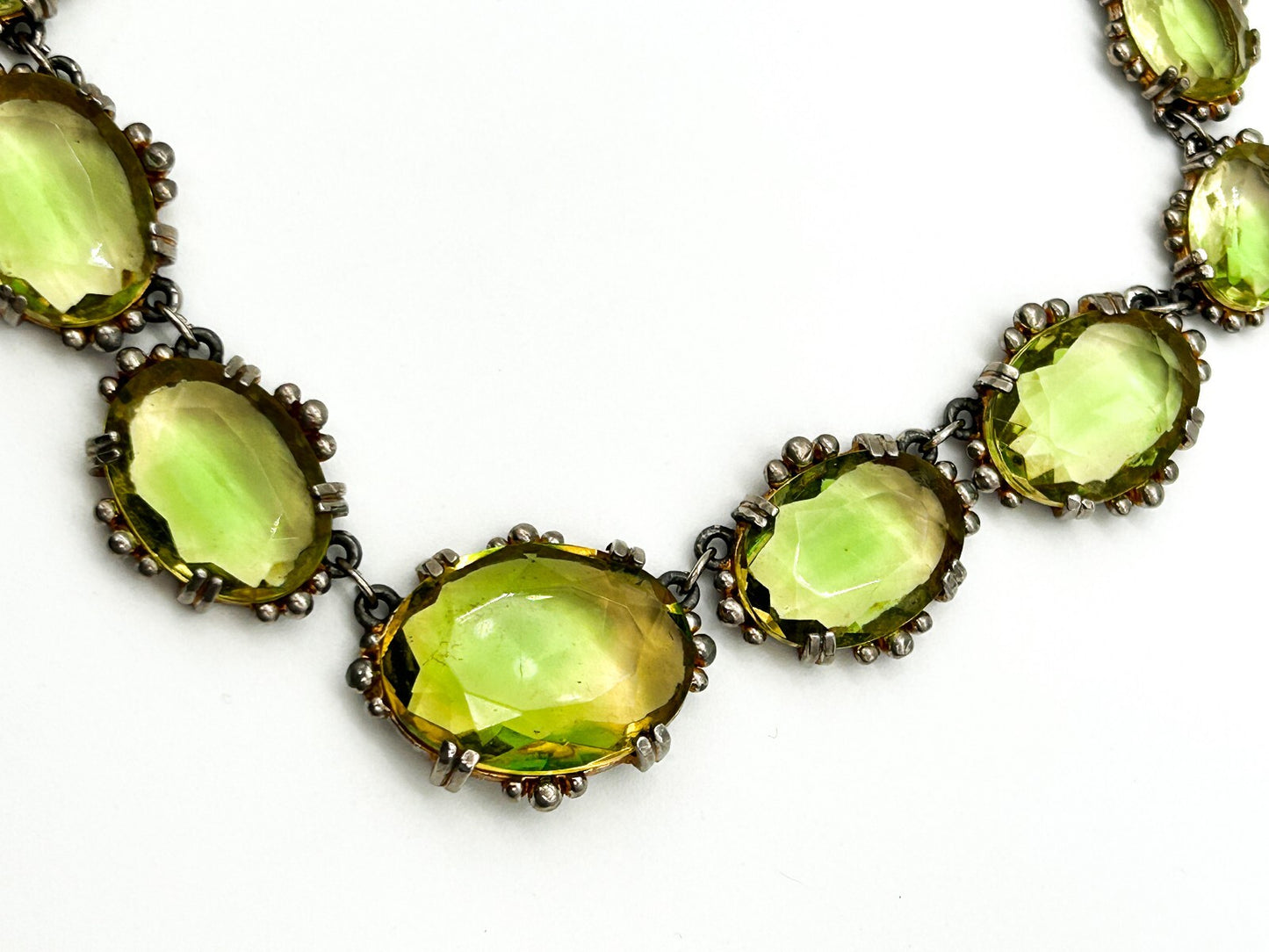 Vintage Lime Green Yellow Faceted Glass Statement Necklace Prong Oval Crystal