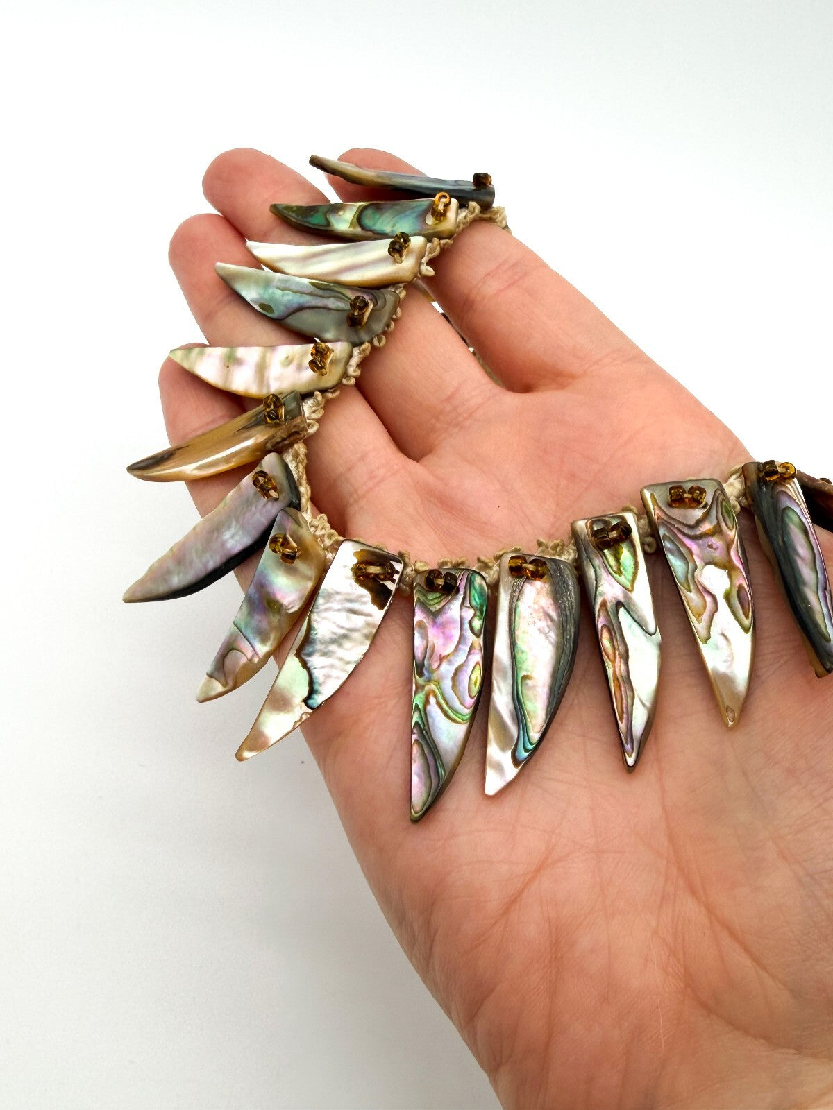 Vintage Abalone Shell Feather Spike Necklace Lace Beaded Statement 17” Boho