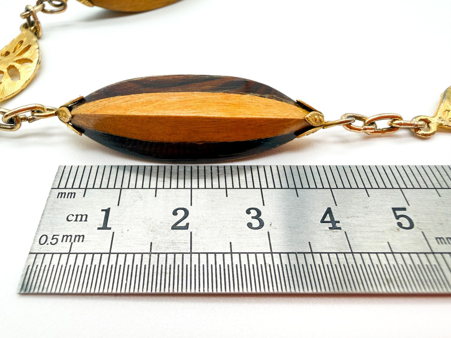 Vintage Two Tone Wood Necklace Gold Tone Openwork Floral Links Long