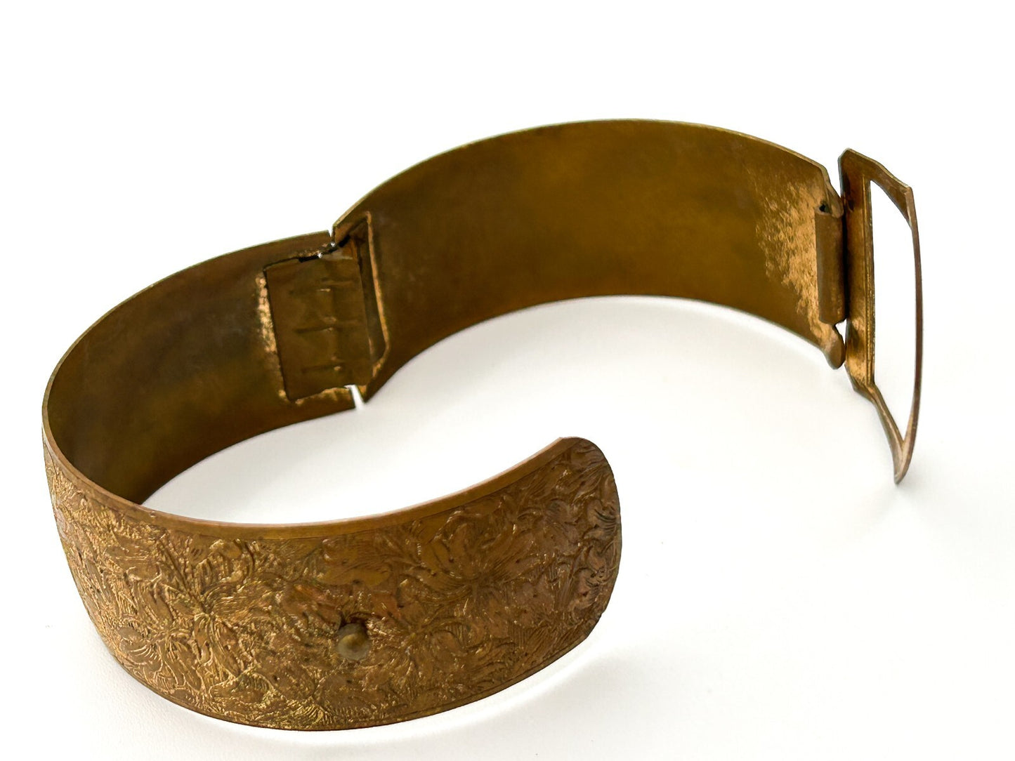 Vintage Ornate Gold Tone Buckle Bangle Embossed Floral Bracelet