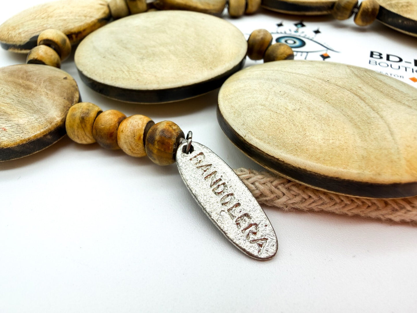 Bandolera Artisan Wooden Disc Necklace Long Statement Boho Natural Wood 19.5”