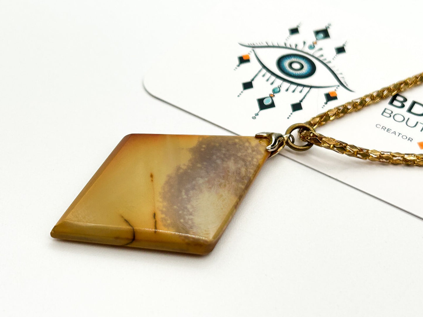 Vintage Polished Jasper Pendant Necklace Gold Tone Chain Natural Stone 25”