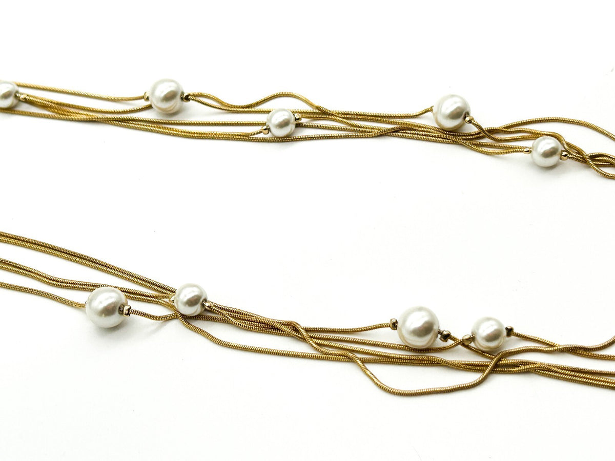 Vintage Gold Tone Multi Strand Snake Chain Necklace Faux Pearl Long Layered