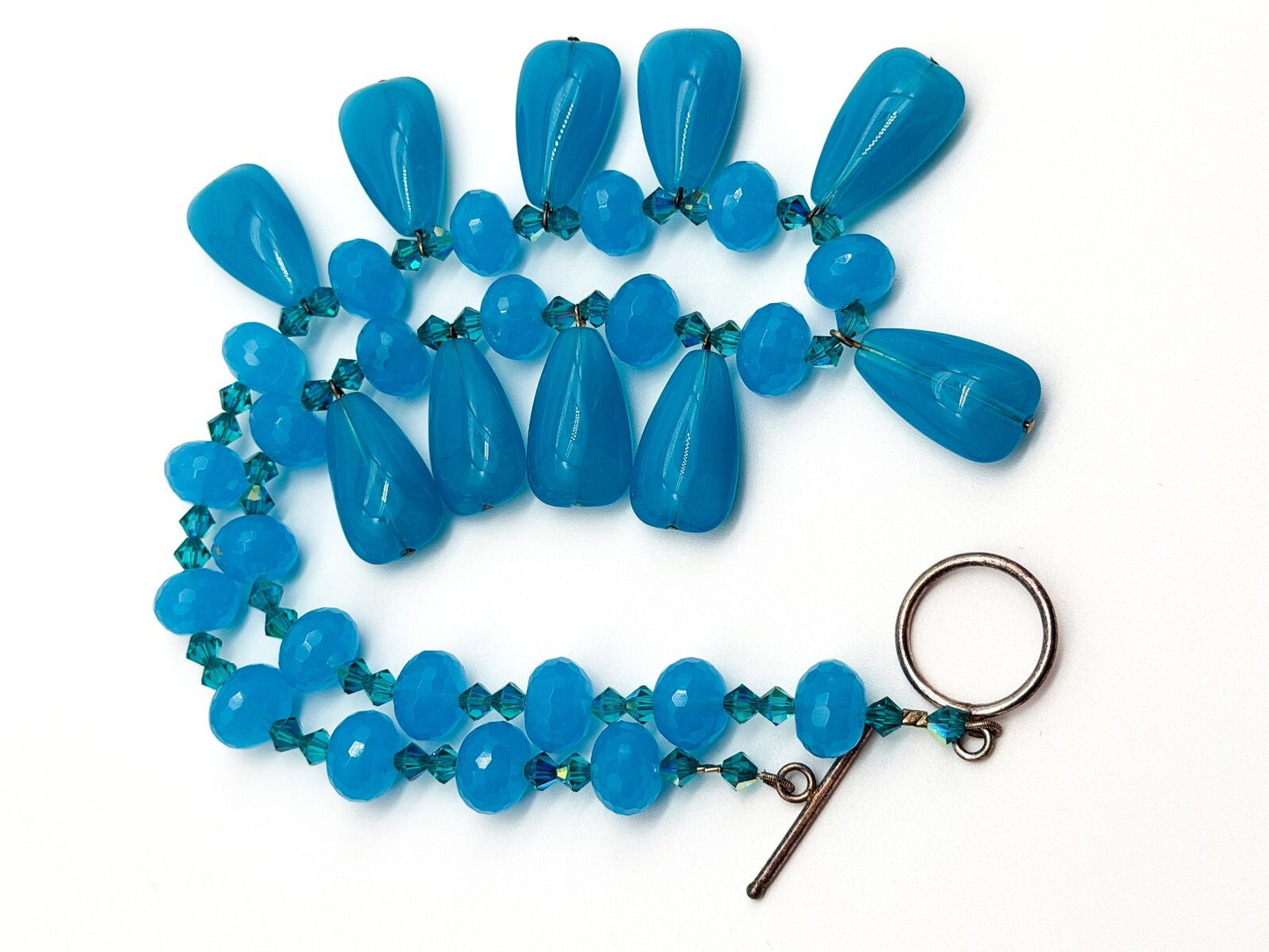 Turquoise Blue Glass Teardrop Fringe Statement Necklace Crystal Spacers Toggle