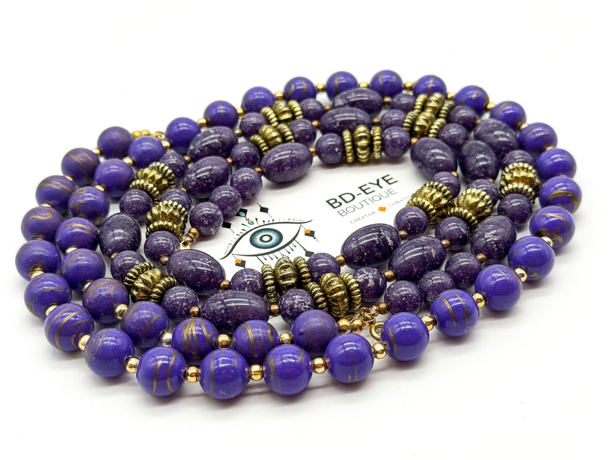 Vintage Purple Marbled Acrylic Bead Necklaces Gold Swirl Beads Necklace Duo
