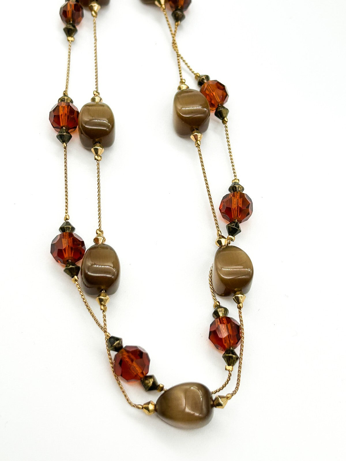M&S Double Layer Cat’s Eye Glass Bead Necklace Brown Orange Gold Tone