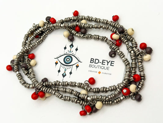 Long Silver Tone Spacer Bead Necklace Red Wood Beads Boho 36” Strand