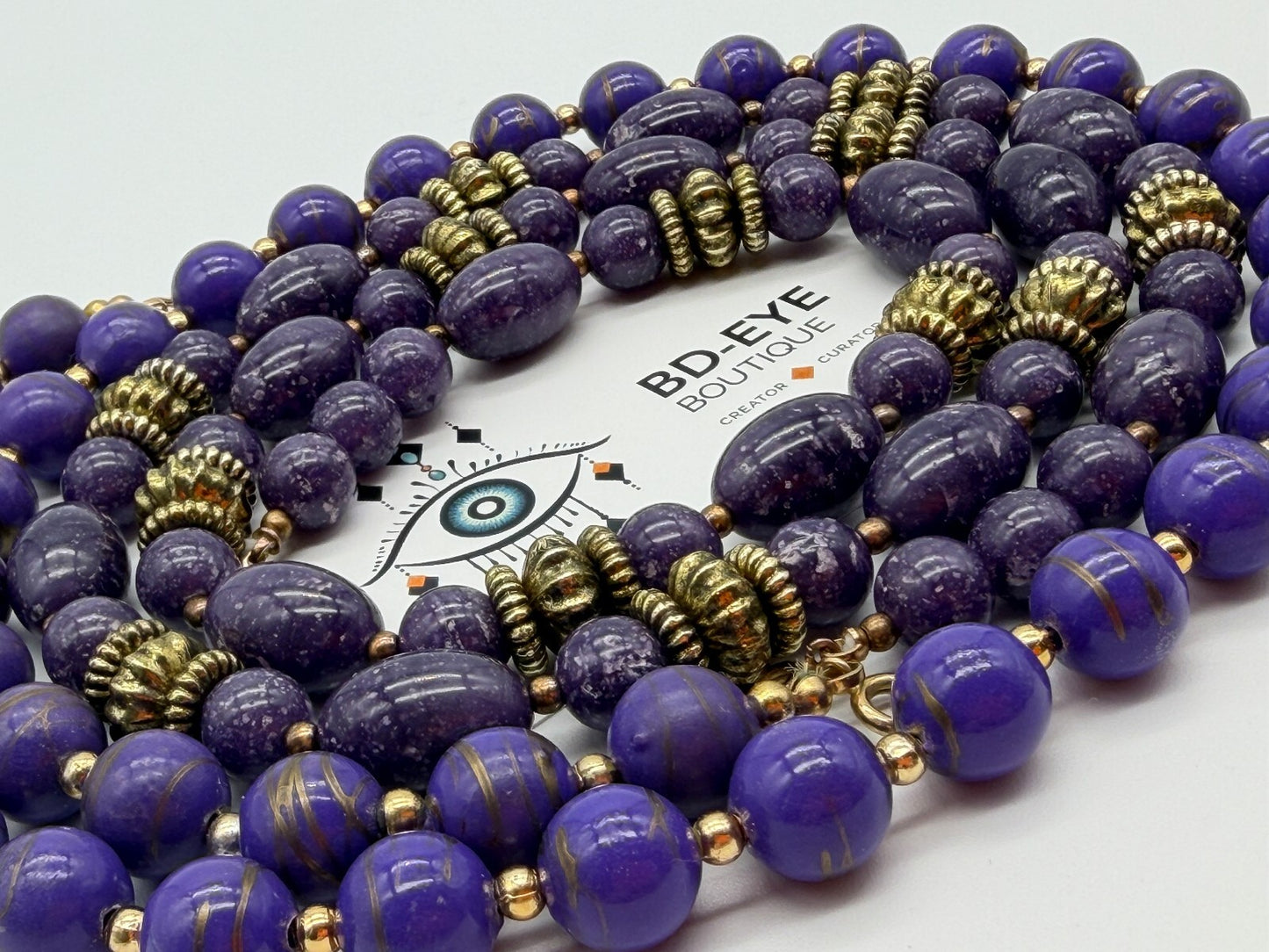 Vintage Purple Marbled Acrylic Bead Necklaces Gold Swirl Beads Necklace Duo