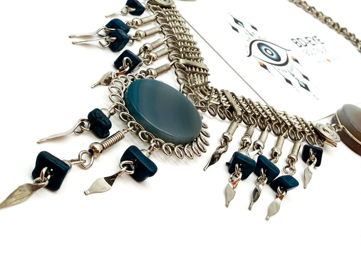 Peruvian Alpaca Silver Agate Lapis Lazuli Statement Necklace 17.5”