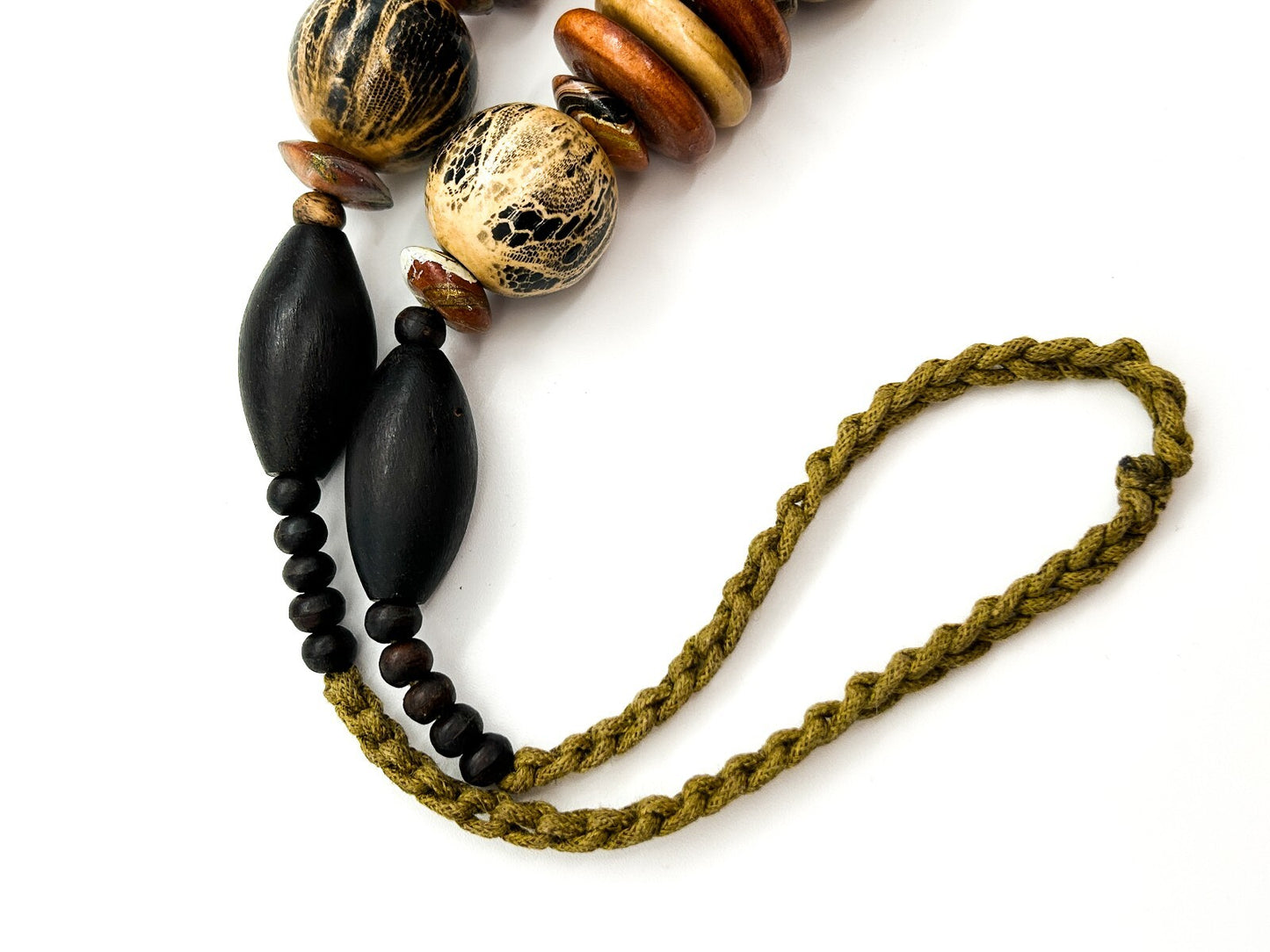 Vintage Chunky Wood Necklace Snakeskin Effect Beads Boho Statement 23”