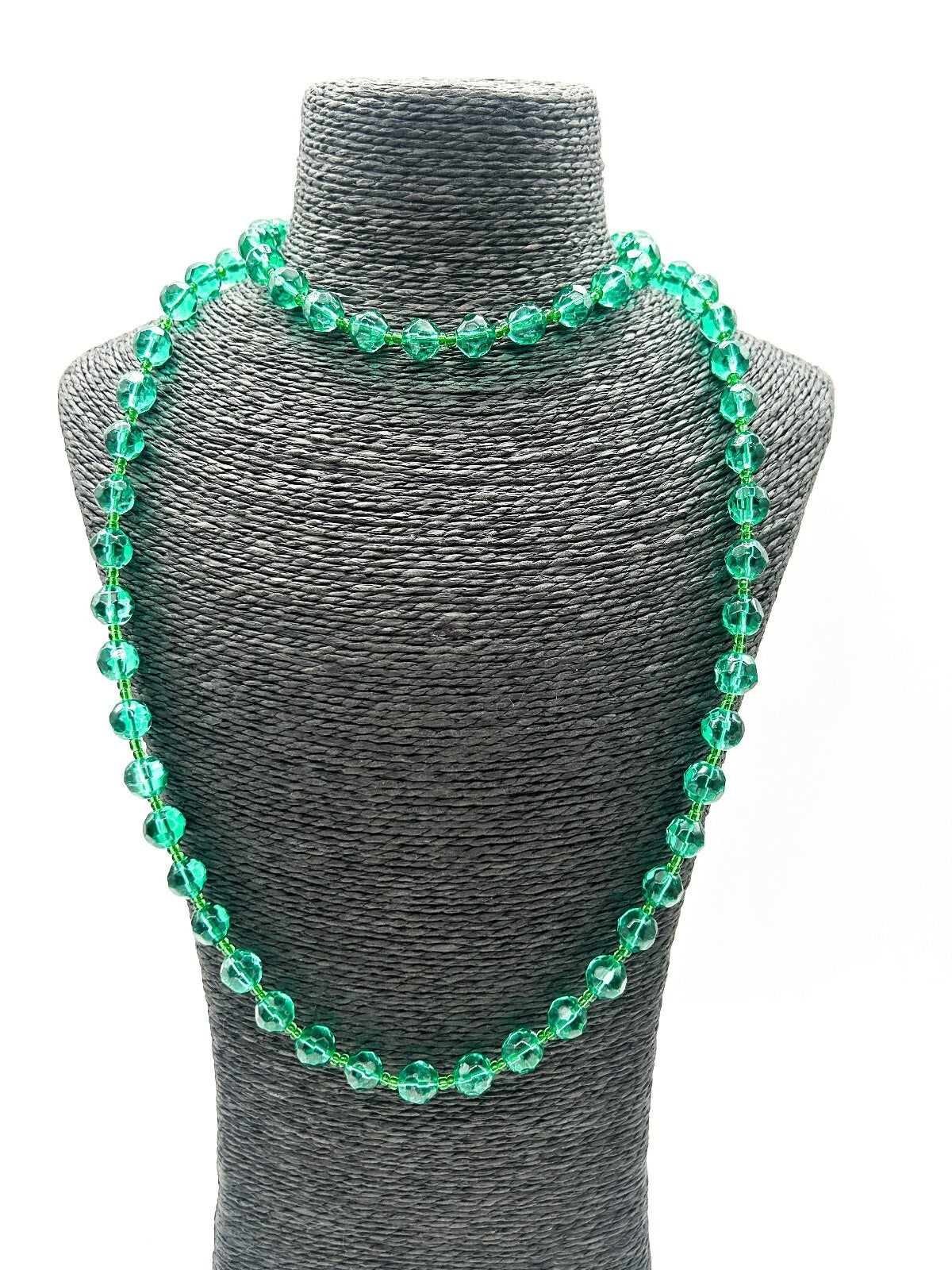 Long Emerald Green Faceted Glass Bead Necklace 39.5” Layering Statement Extender