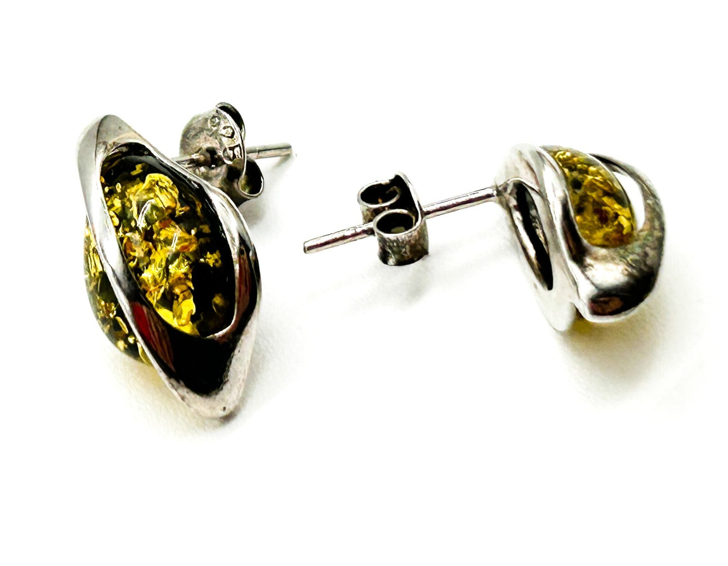 925 Sterling Silver Genuine Green Baltic Amber Leaf Stud Earrings Tested