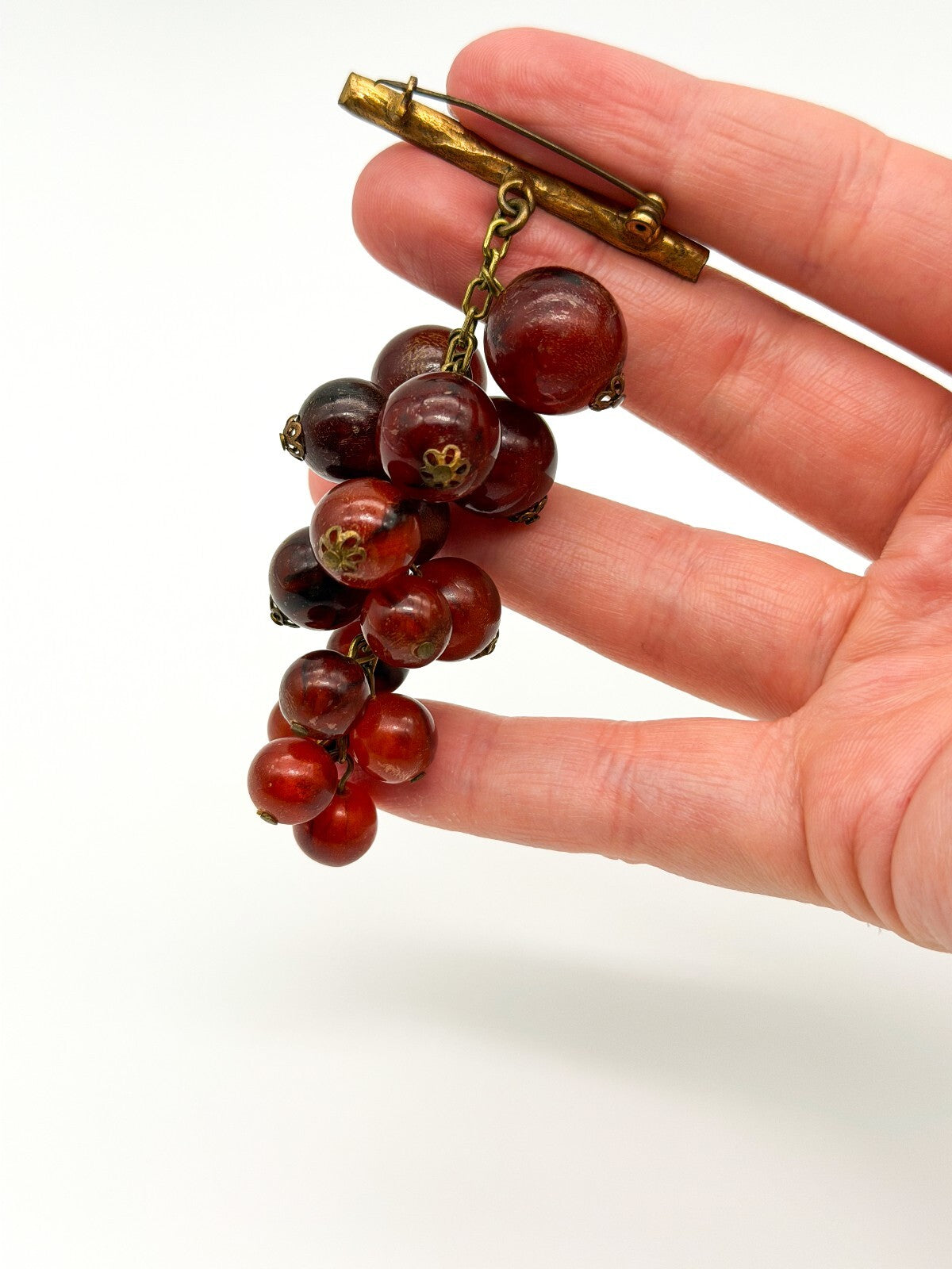 Vintage Cha Cha Lucite Grape Cluster Brooch Red Berry Gold Tone Pin 3.5 Inch