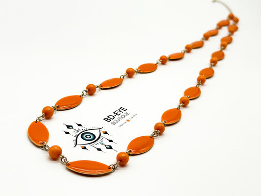 Retro Long Orange Acrylic Link Necklace Marquise Beads Silver Tone 31.5”