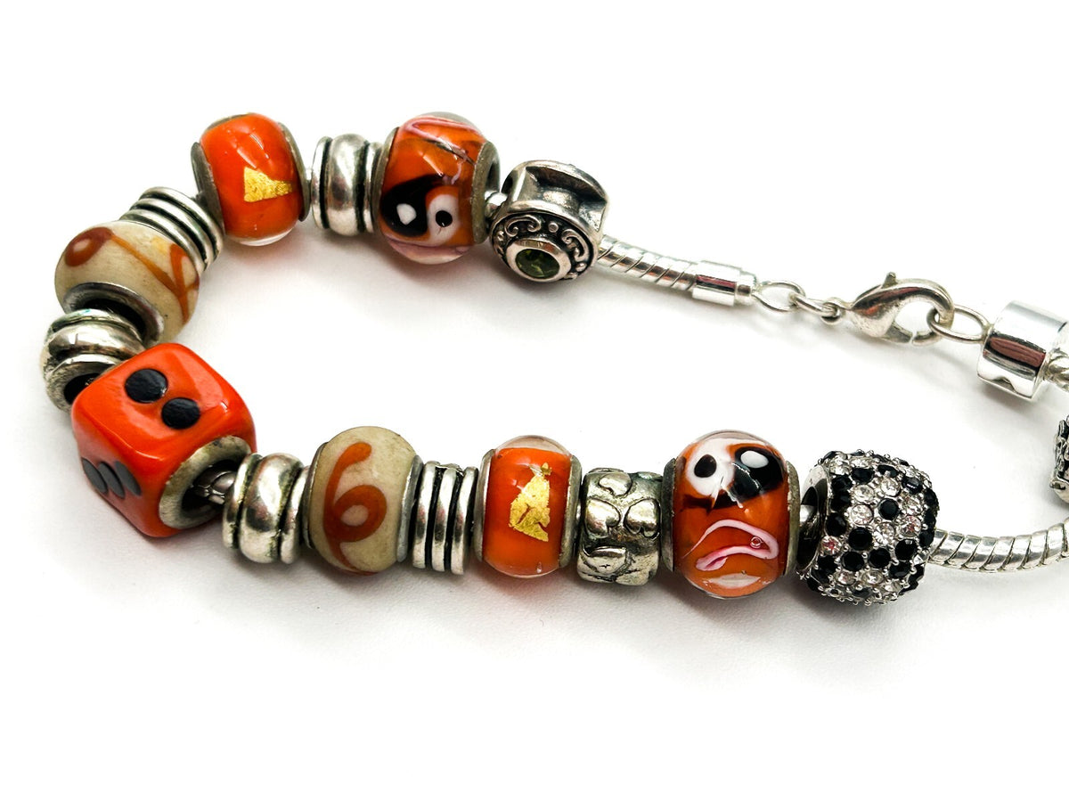 Orange Glass Charm Bracelet European Beads Yin Yang Dice 925 Sterling Charm