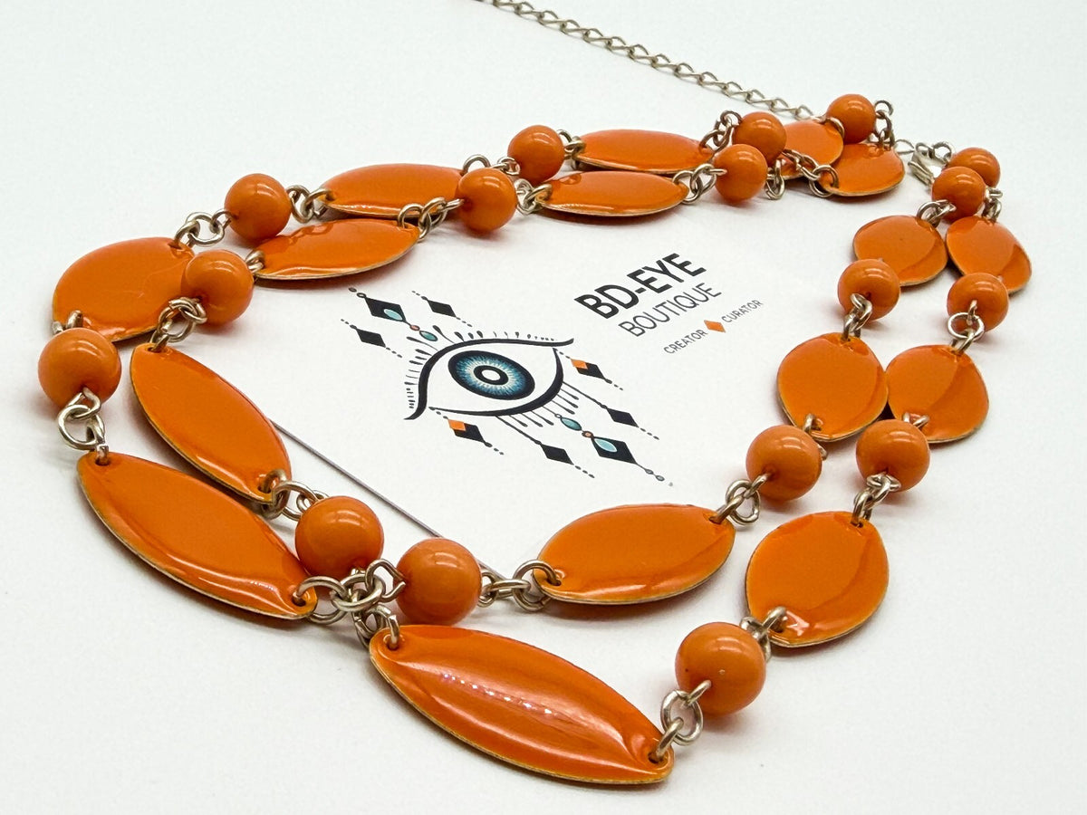 Retro Long Orange Acrylic Link Necklace Marquise Beads Silver Tone 31.5”