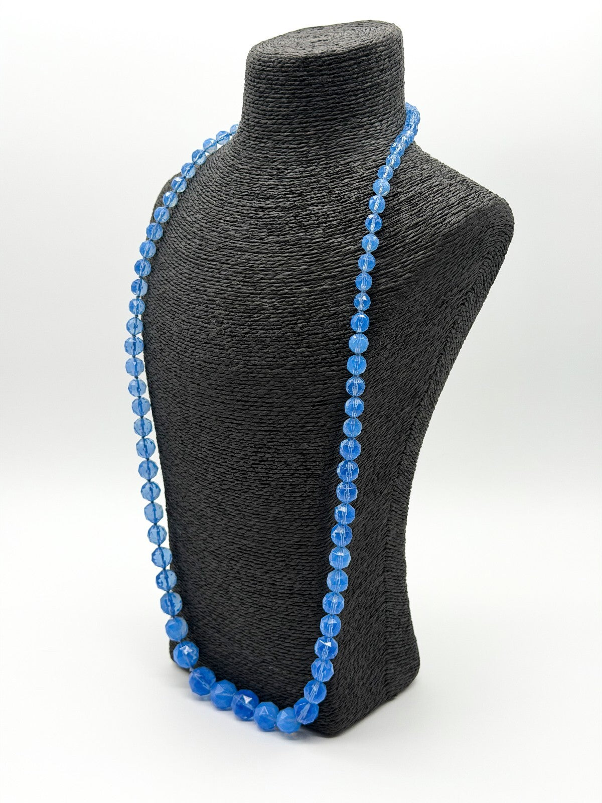 Vintage Long Blue Faceted Glass Bead Necklace Hand Knotted Continuous Strand
