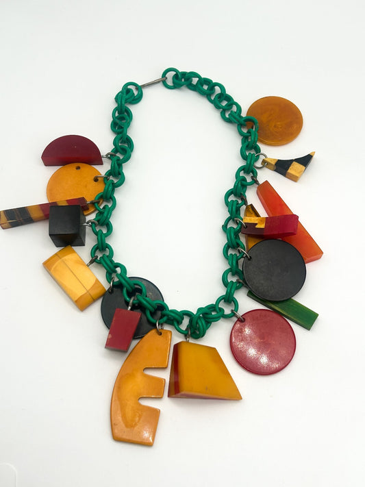Vintage Bakelite Charm Necklace Attrib. Jan Carlin Celluloid Chain Statement