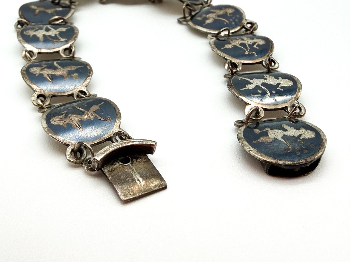 Vintage Siam Sterling Silver Niello Bracelet Thai Dancer Panels 7.5”