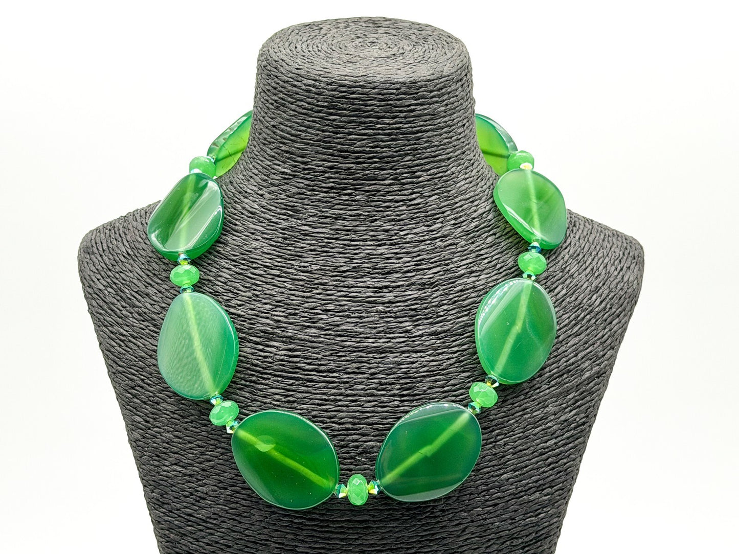 Chunky Green Agate Statement Necklace Faceted Glass Aurora Borealis Beads