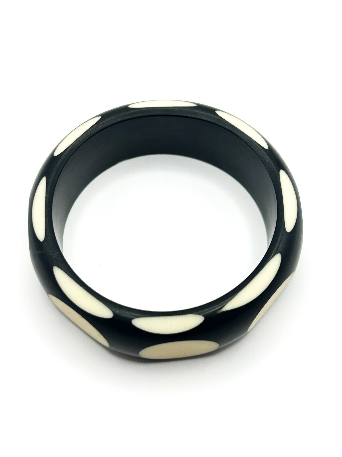 Vintage Black Cream Polka Dot Chunky Acrylic Bangle Bracelet Retro Mod